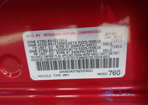 2016 Mitsubishi Outlander Sel из США, поврежденный, VIN JA4AD3A37GZ023021